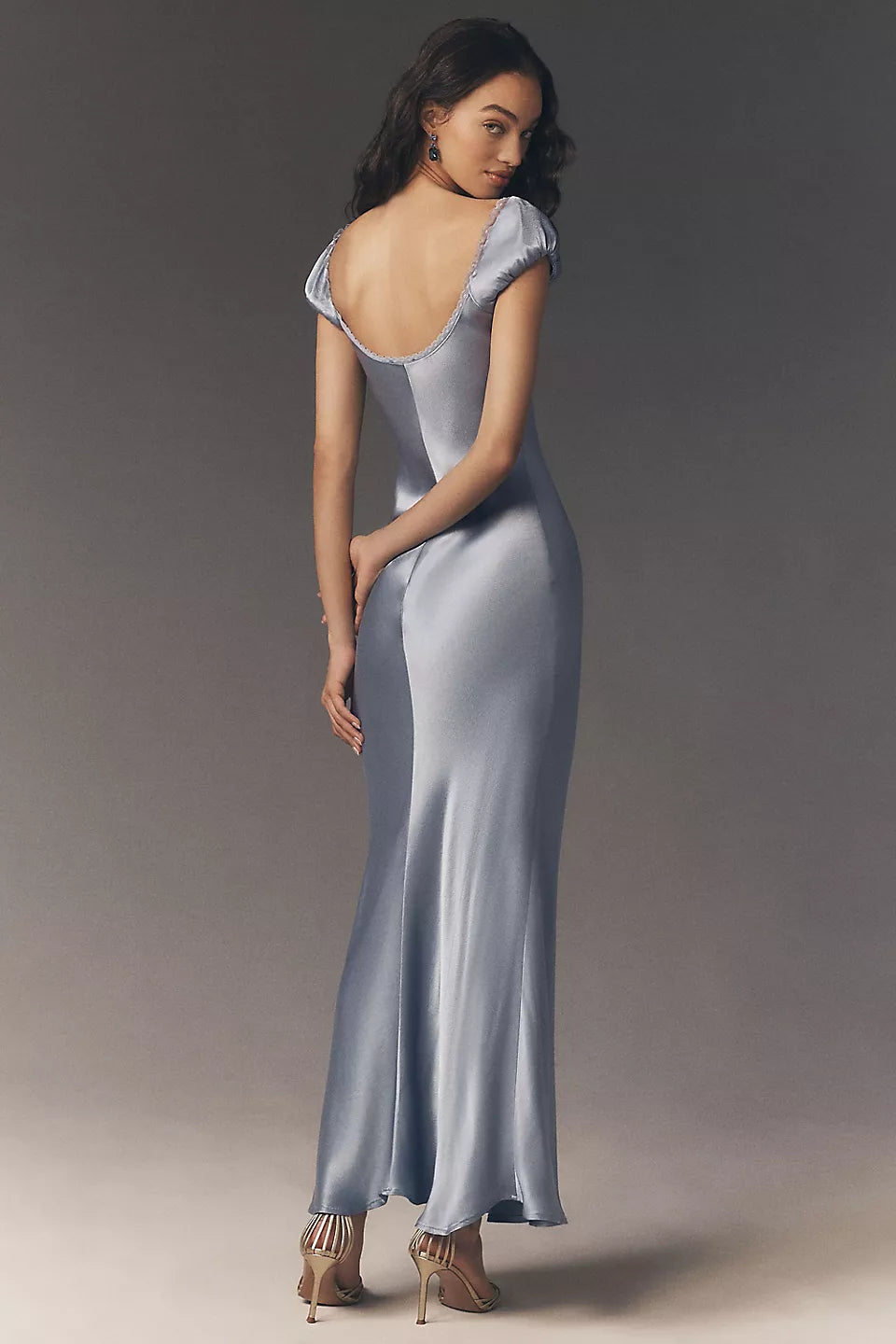 Puff Sleeve Satin Maxi Evening Dress with Lace Trim