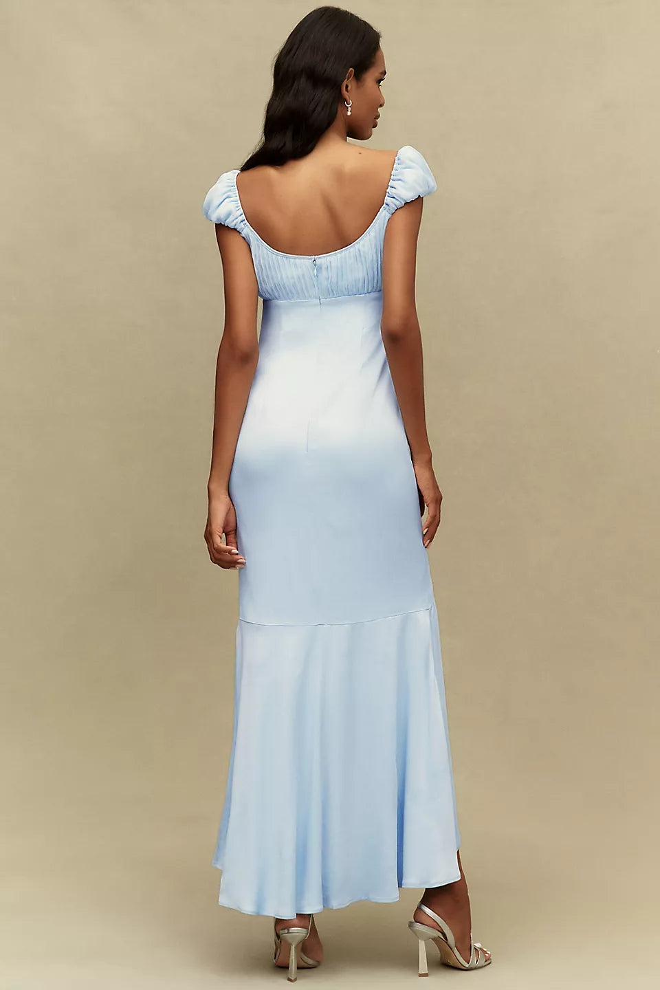 Puff Sleeve Square Neck Satin Mermaid Maxi Evening Dress