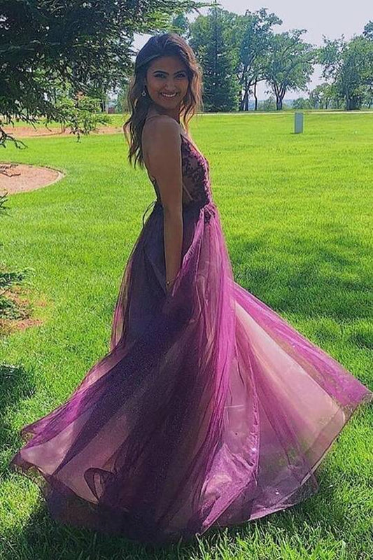 Purple A-line Tulle and Appliques Long Formal Dress
