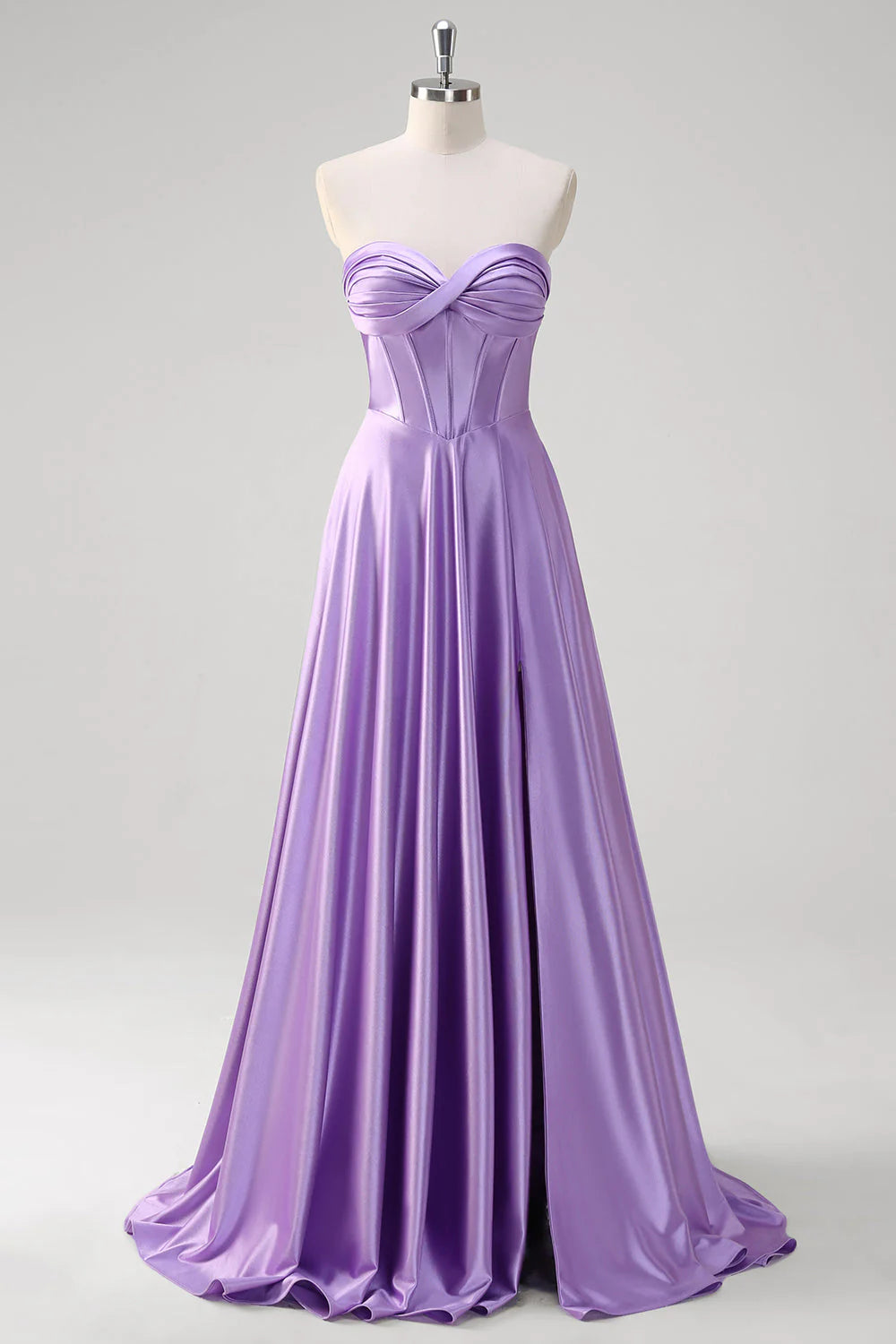 Purple A-line sweetheart tight corset pleated satin long dress with back tie