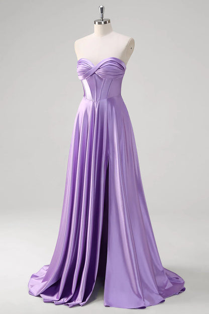 Purple A-line sweetheart tight corset pleated satin long dress with back tie