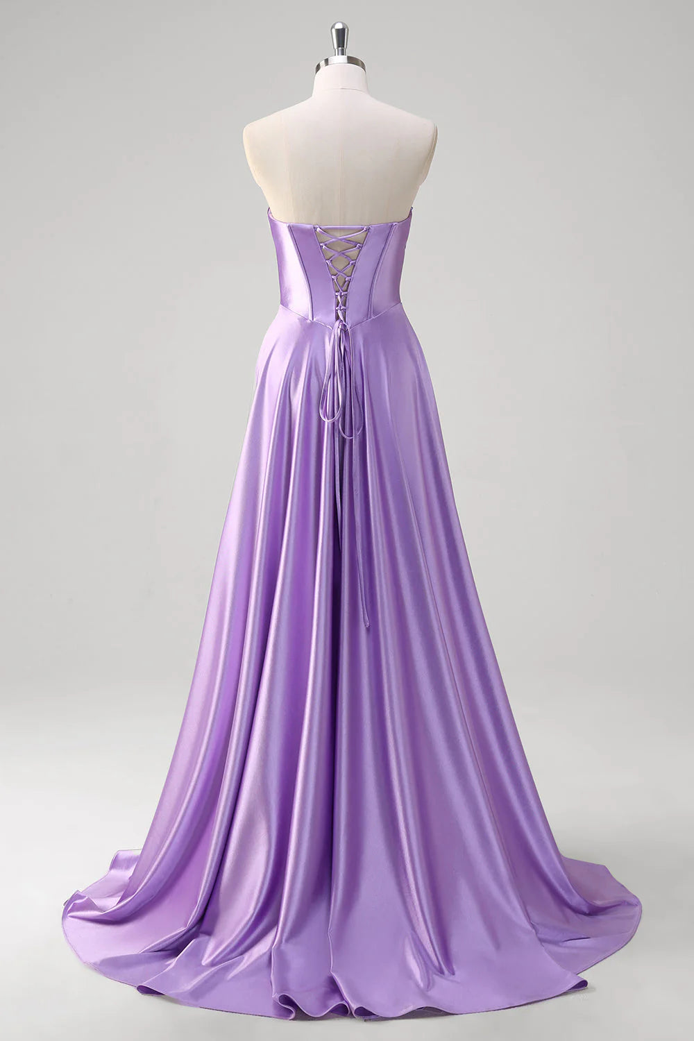 Purple A-line sweetheart tight corset pleated satin long dress with back tie