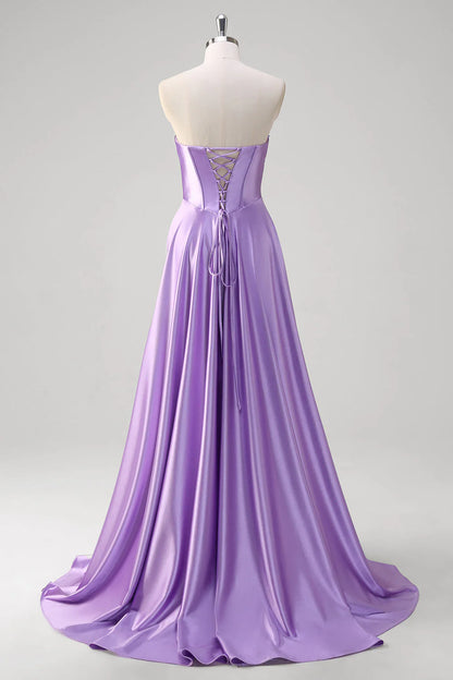 Purple A-line sweetheart tight corset pleated satin long dress with back tie