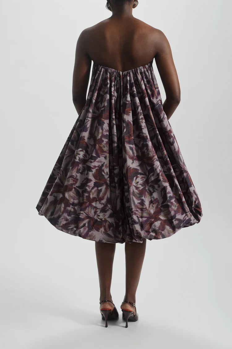 Purple Abstract Print Strapless Ruched Waist Bubble Midi Evening Dresses