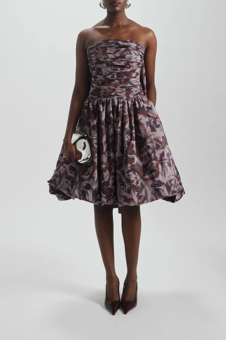 Purple Abstract Print Strapless Ruched Waist Bubble Midi Evening Dresses