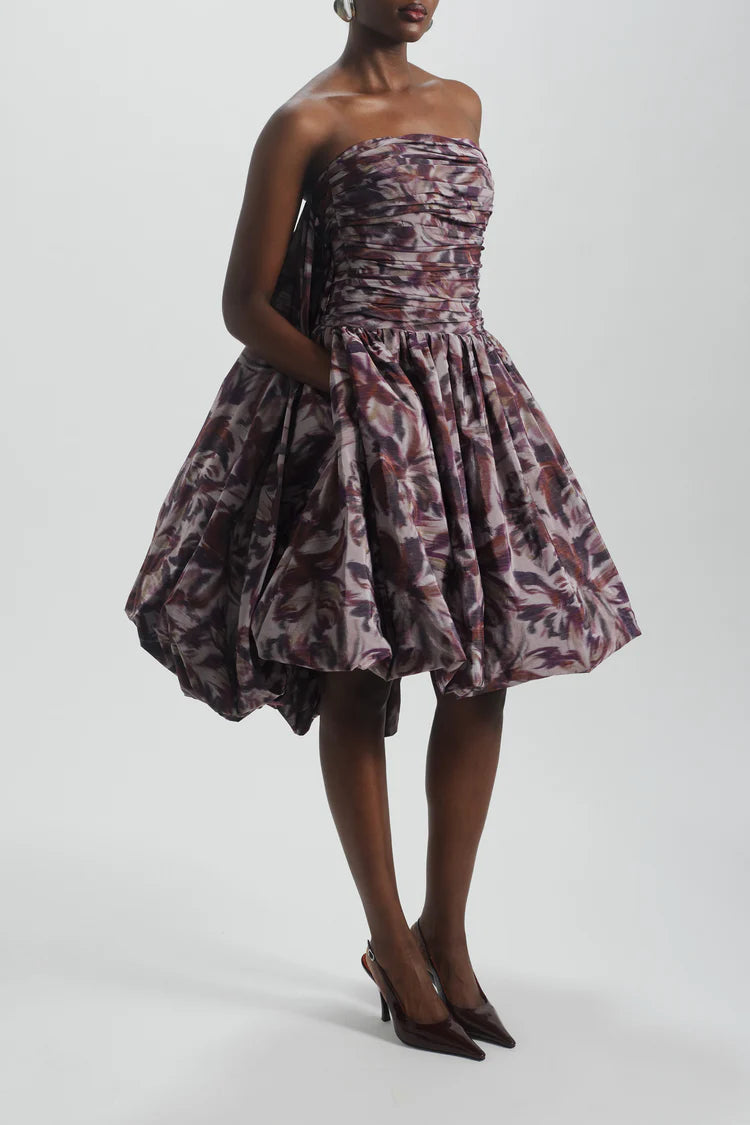 Purple Abstract Print Strapless Ruched Waist Bubble Midi Evening Dresses