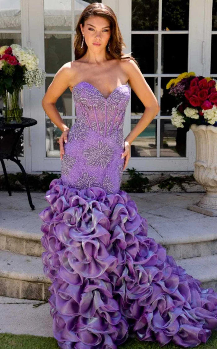 Purple Beaded Strapless Ruffled Mermaid Evening Dresses