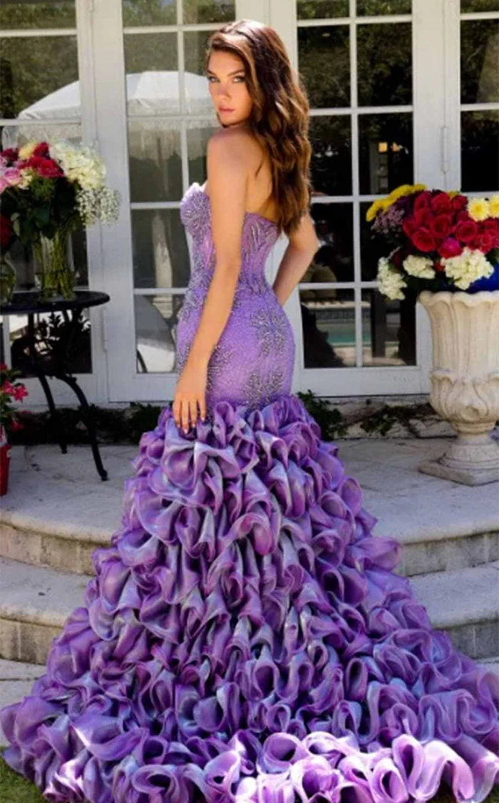 Purple Beaded Strapless Ruffled Mermaid Evening Dresses