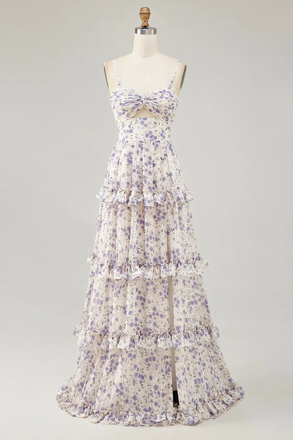 Purple Flower A-line Cut Out Long Chiffon Maxi Dress with Slit