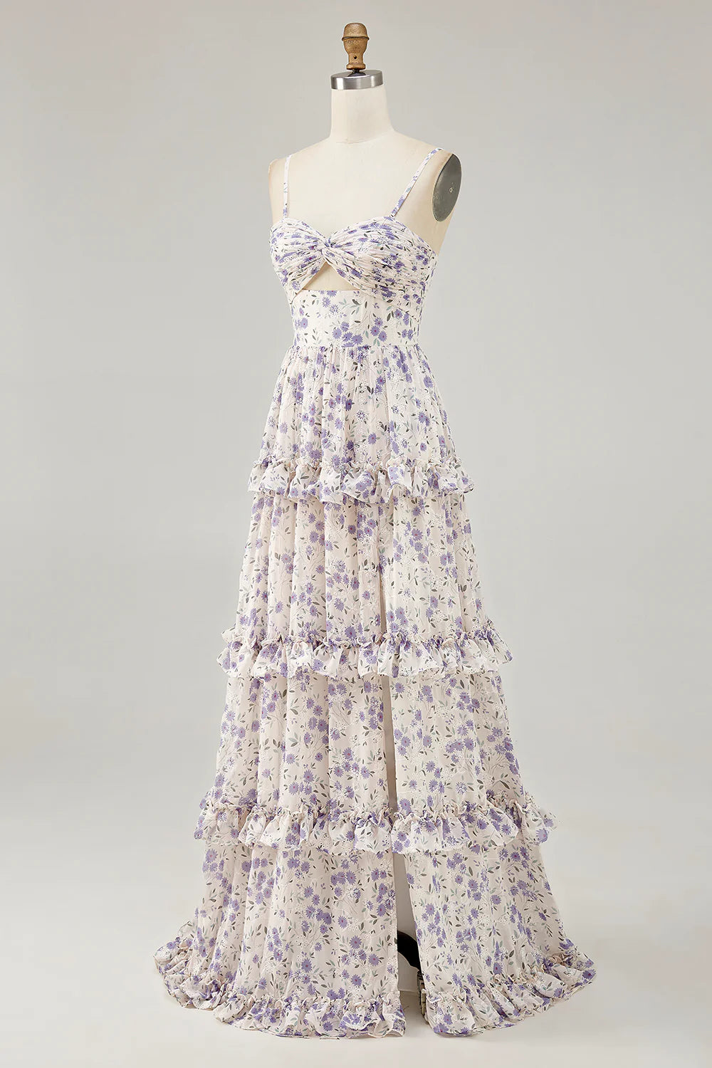 Purple Flower A-line Cut Out Long Chiffon Maxi Dress with Slit