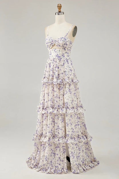 Purple Flower A-line Cut Out Long Chiffon Maxi Dress with Slit