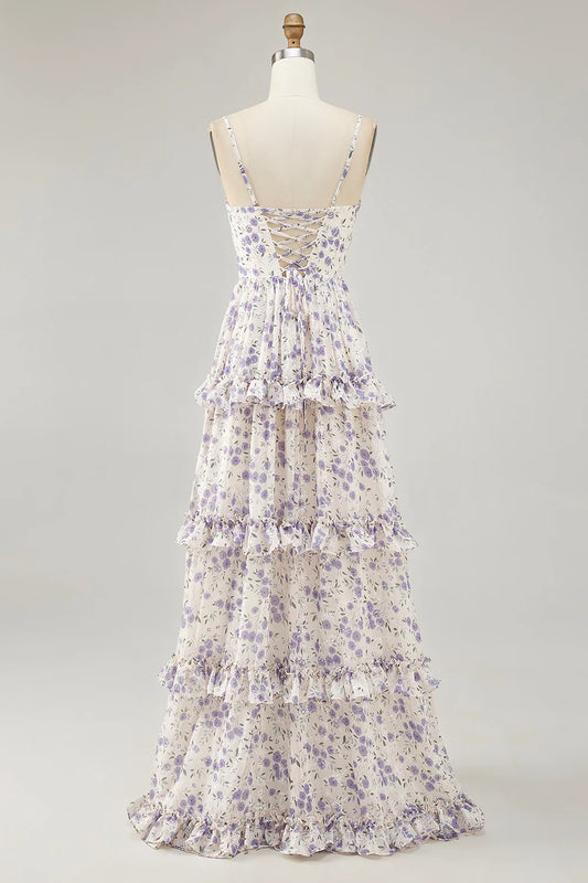 Purple Flower A-line Cut Out Long Chiffon Maxi Dress with Slit