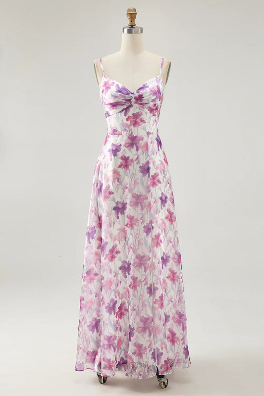 Purple Flower A Line Spaghetti Straps Ruched Wedding Guest Dress