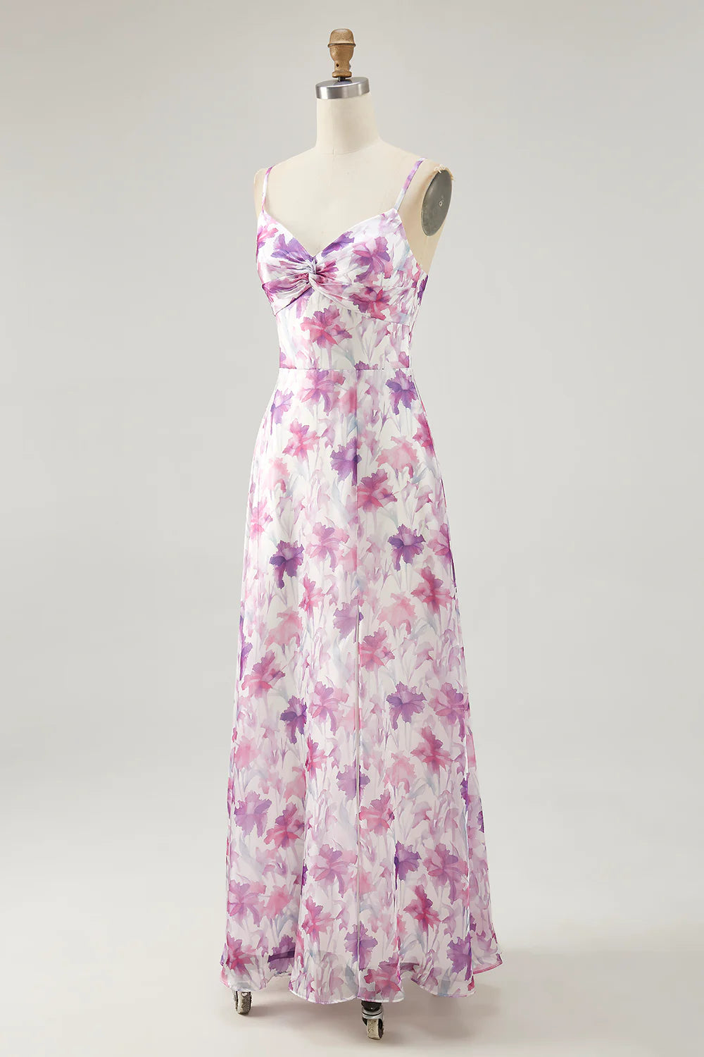 Purple Flower A Line Spaghetti Straps Ruched Wedding Guest Dress