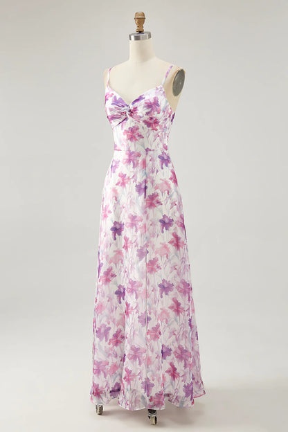 Purple Flower A Line Spaghetti Straps Ruched Wedding Guest Dress