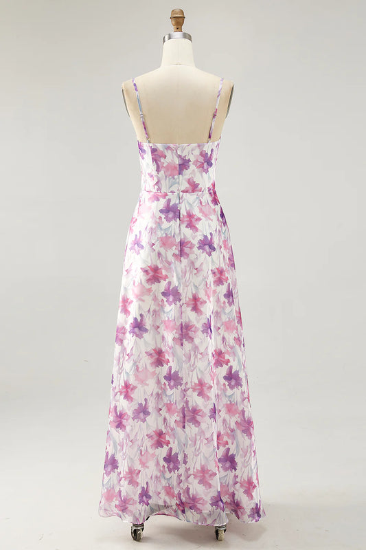 Purple Flower A Line Spaghetti Straps Ruched Wedding Guest Dress
