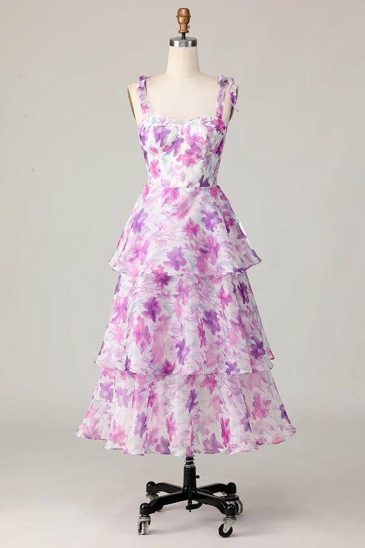 Purple Flower A Line Tiered Printed Wedding Guest Dress