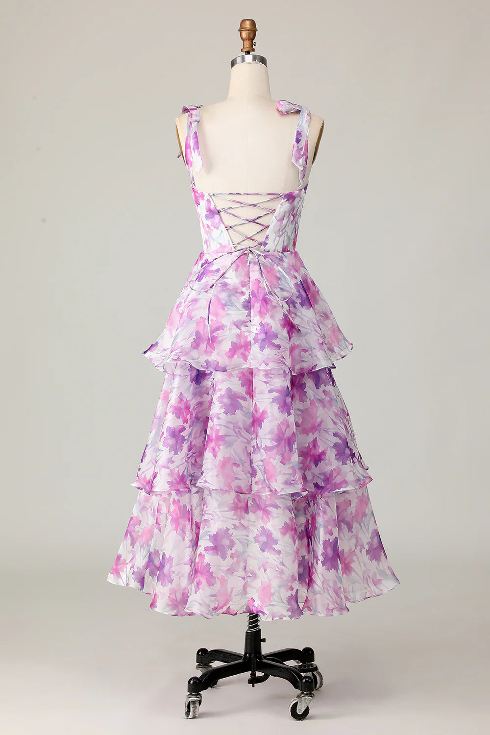 Purple Flower A Line Tiered Printed Wedding Guest Dress