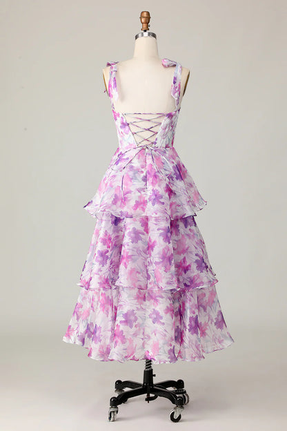 Purple Flower A Line Tiered Printed Wedding Guest Dress
