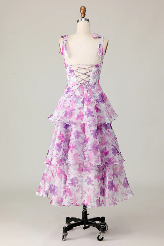 Purple Flower A Line Tiered Printed Wedding Guest Dress