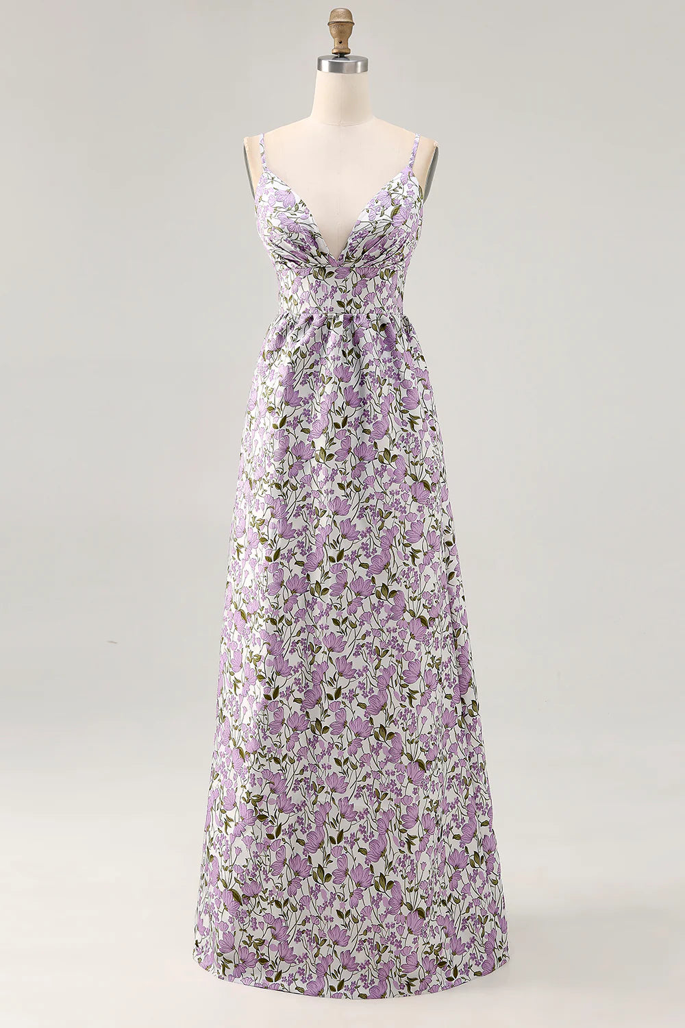 Purple Flower V Neck Spaghetti Straps A-Line Floor Length Dress