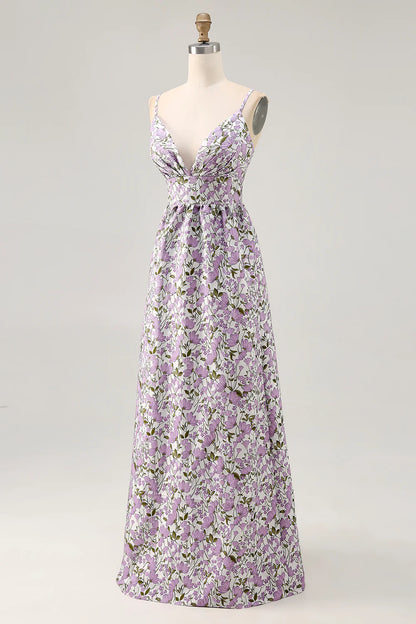 Purple Flower V Neck Spaghetti Straps A-Line Floor Length Dress
