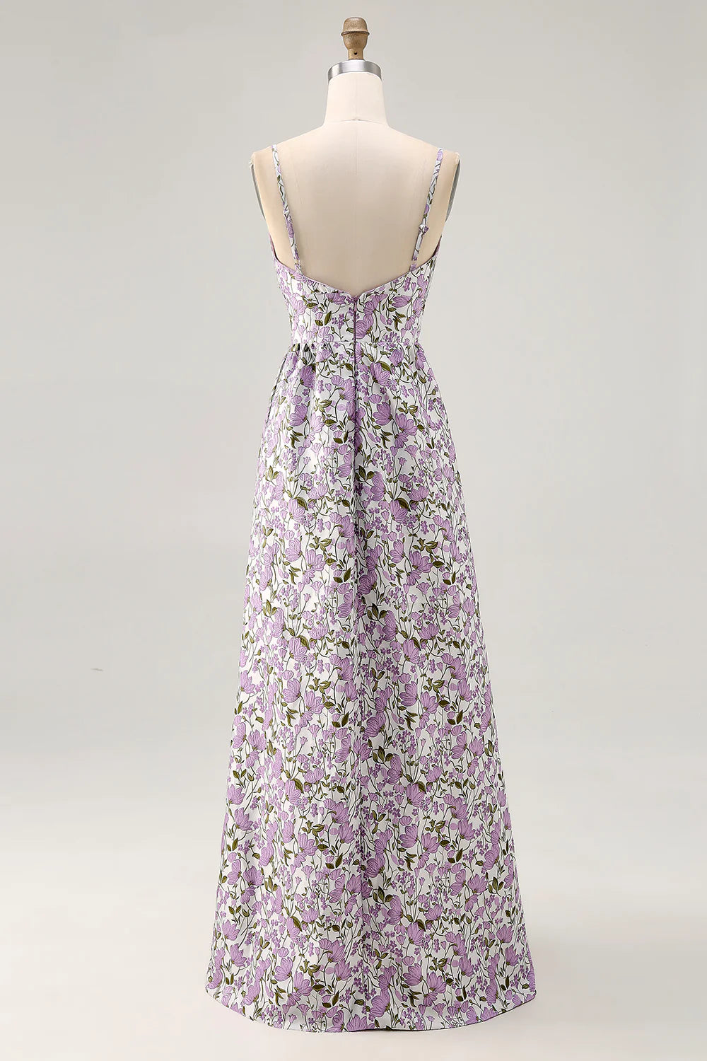 Purple Flower V Neck Spaghetti Straps A-Line Floor Length Dress