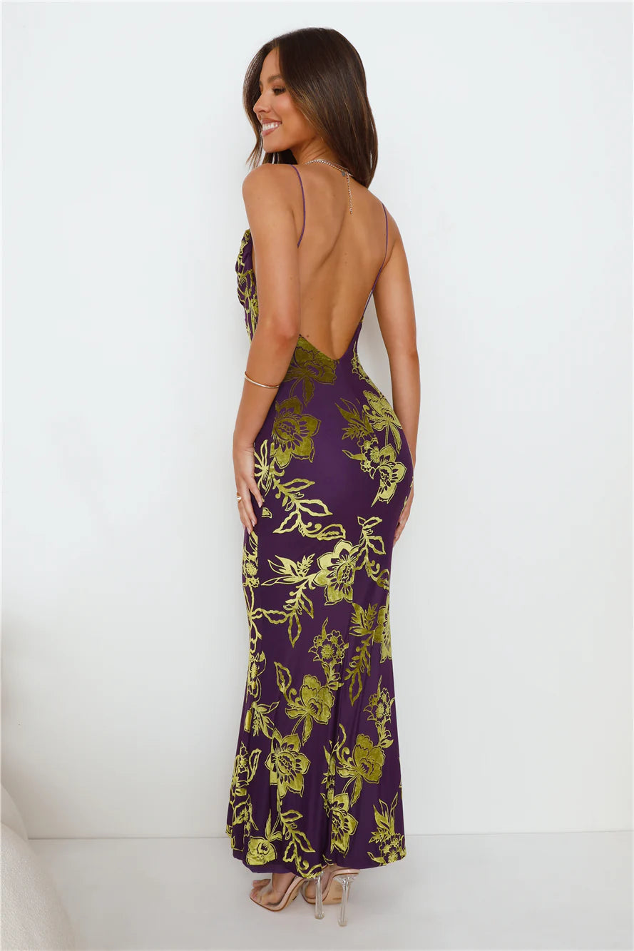 Purple Gold Floral Velvet Cowl Neck Open Back Maxi Evening Dresses