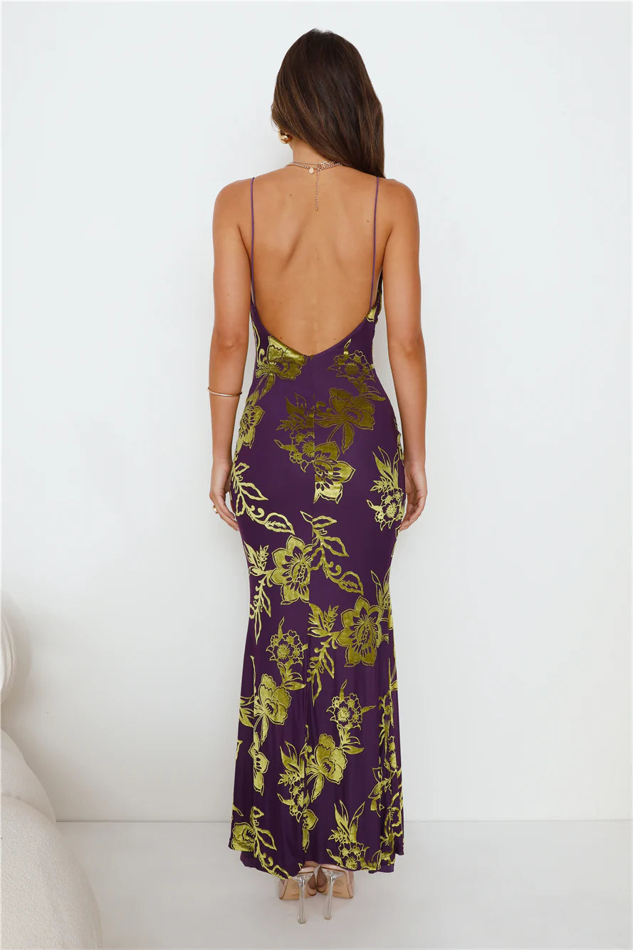 Purple Gold Floral Velvet Cowl Neck Open Back Maxi Evening Dresses