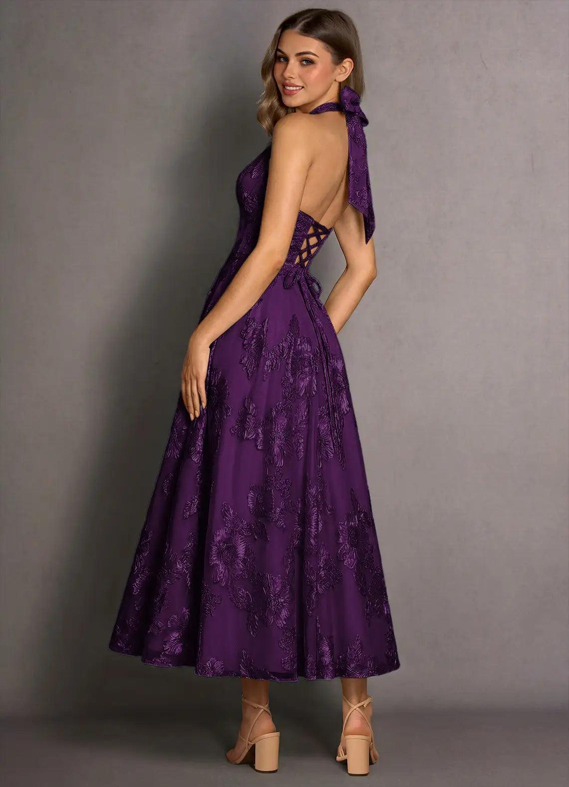 Purple Halter Neck Bow Back Lace-Up Floral Jacquard A-Line Maxi Evening Dresses