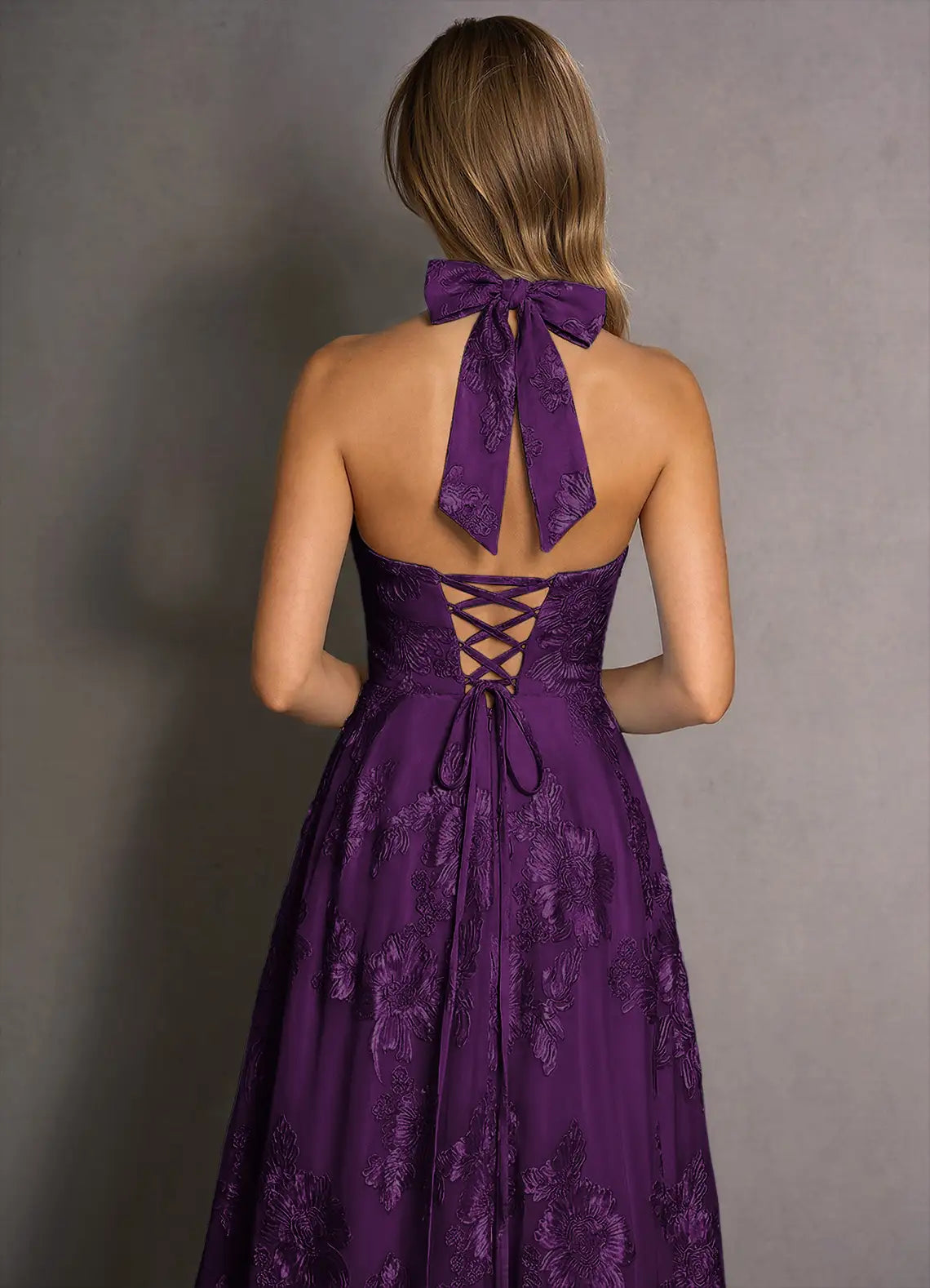 Purple Halter Neck Bow Back Lace-Up Floral Jacquard A-Line Maxi Evening Dresses