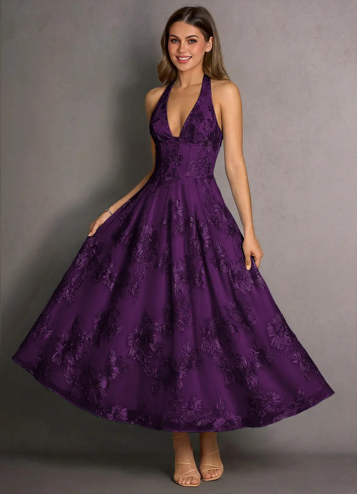 Purple Halter Neck Bow Back Lace-Up Floral Jacquard A-Line Maxi Evening Dresses