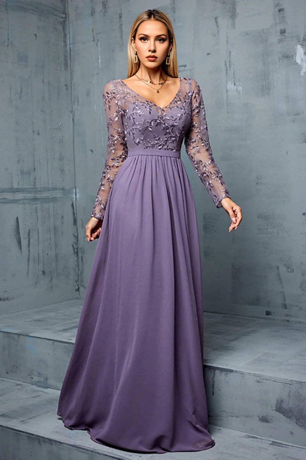 Purple Long Sleeves A Line Mother Of The Bride Dress With Appliques