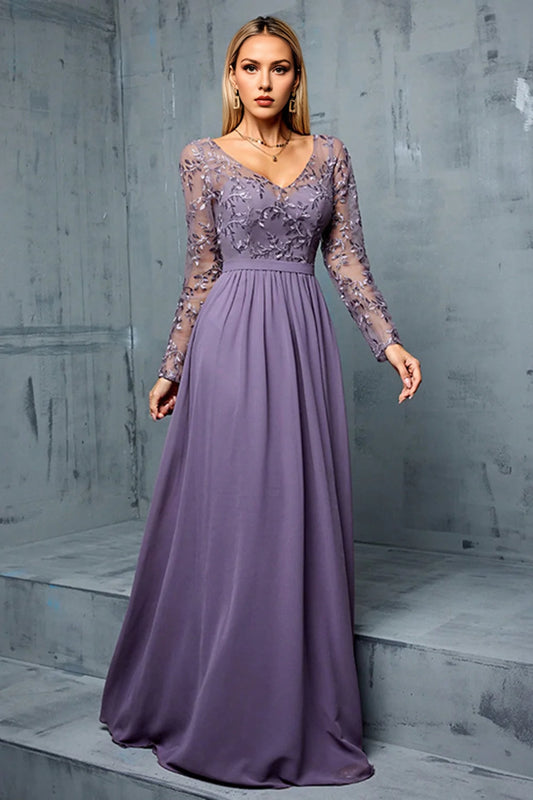 Purple Long Sleeves A Line Mother Of The Bride Dress With Appliques