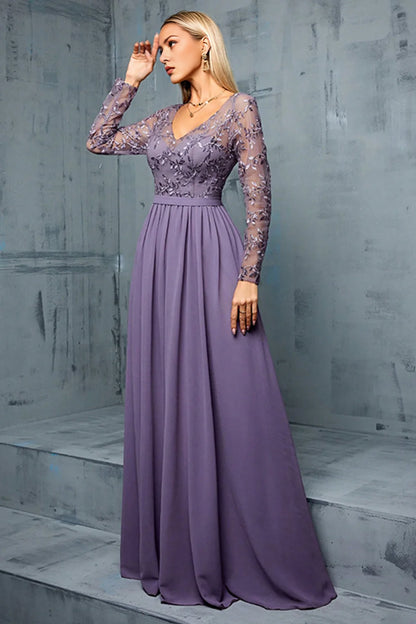 Purple Long Sleeves A Line Mother Of The Bride Dress With Appliques