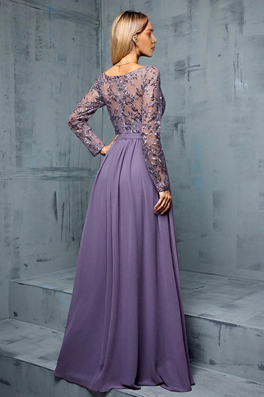 Purple Long Sleeves A Line Mother Of The Bride Dress With Appliques