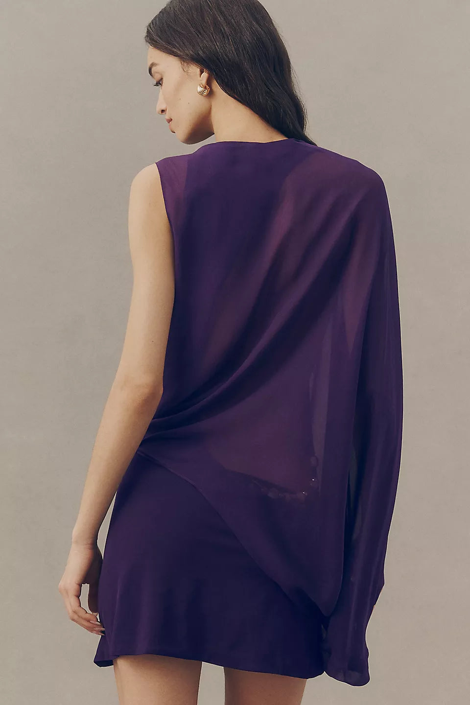Purple One-Sleeve Sheer Overlay Mini Evening Dresses