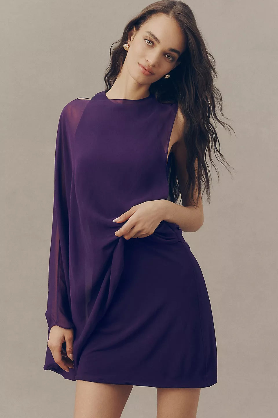 Purple One-Sleeve Sheer Overlay Mini Evening Dresses