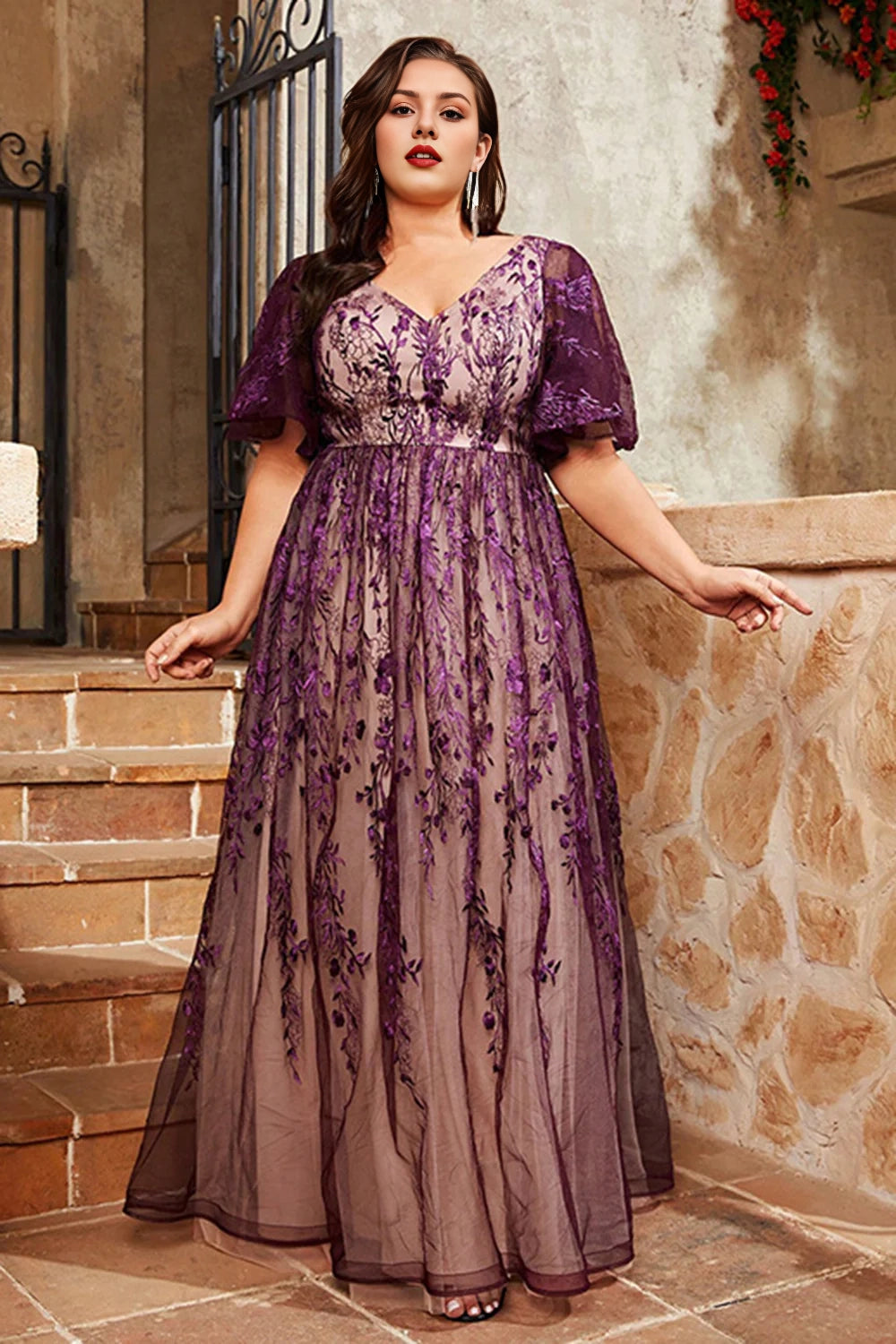 Purple Plus Size A Line Long Mother Of The Bride Dress With Appliques