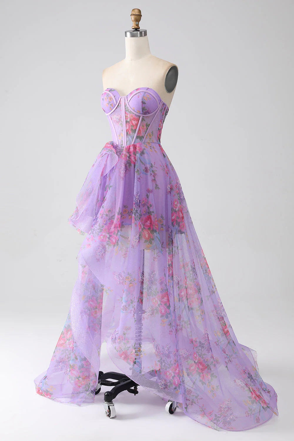 Purple Printed A-Line Sweetheart Strapless Corset Prom Dress With Slit
