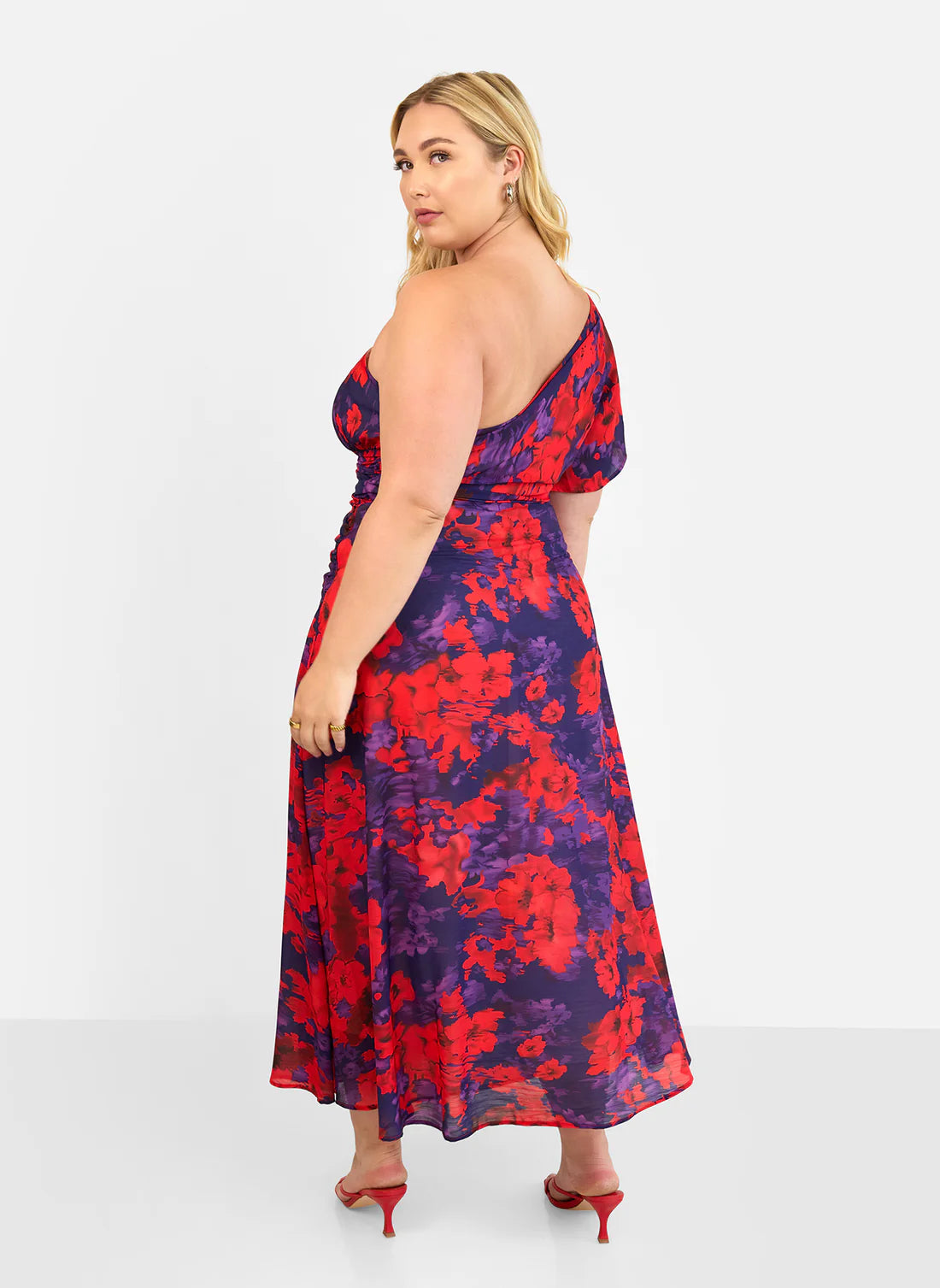 Purple Red Floral One Shoulder Ruffle Midi Evening Dresses
