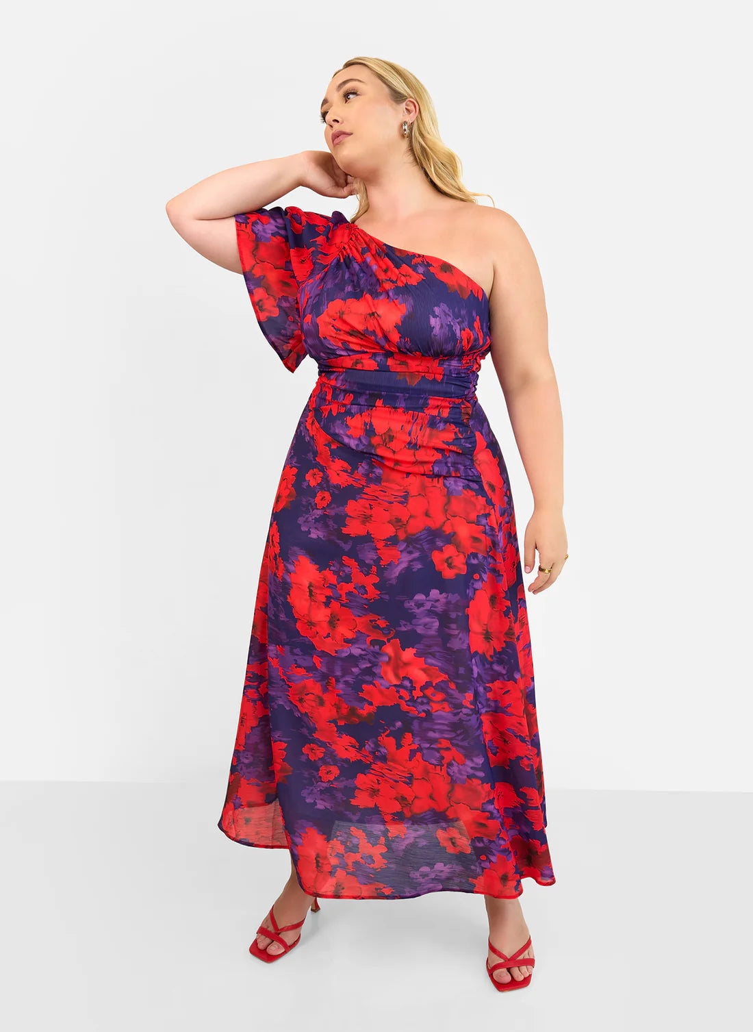 Purple Red Floral One Shoulder Ruffle Midi Evening Dresses