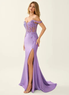 Purple Satin Beaded Corset Off-Shoulder Slit Train Maxi Evening Dresses