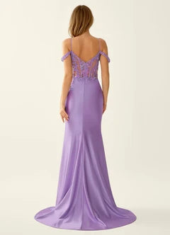 Purple Satin Beaded Corset Off-Shoulder Slit Train Maxi Evening Dresses