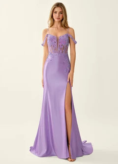 Purple Satin Beaded Corset Off-Shoulder Slit Train Maxi Evening Dresses
