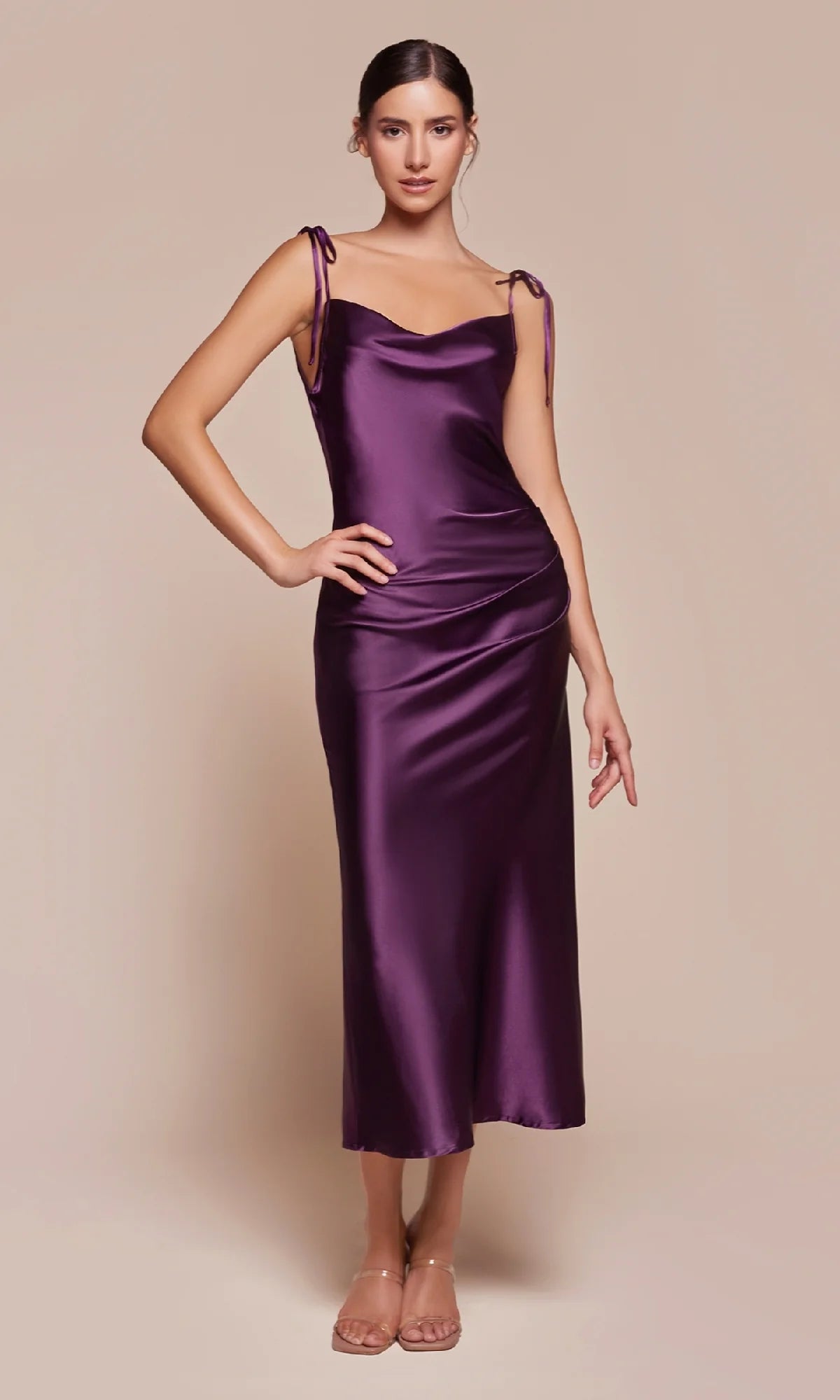 Purple Satin Cowl Neck Tie-Strap Midi Evening Dresses