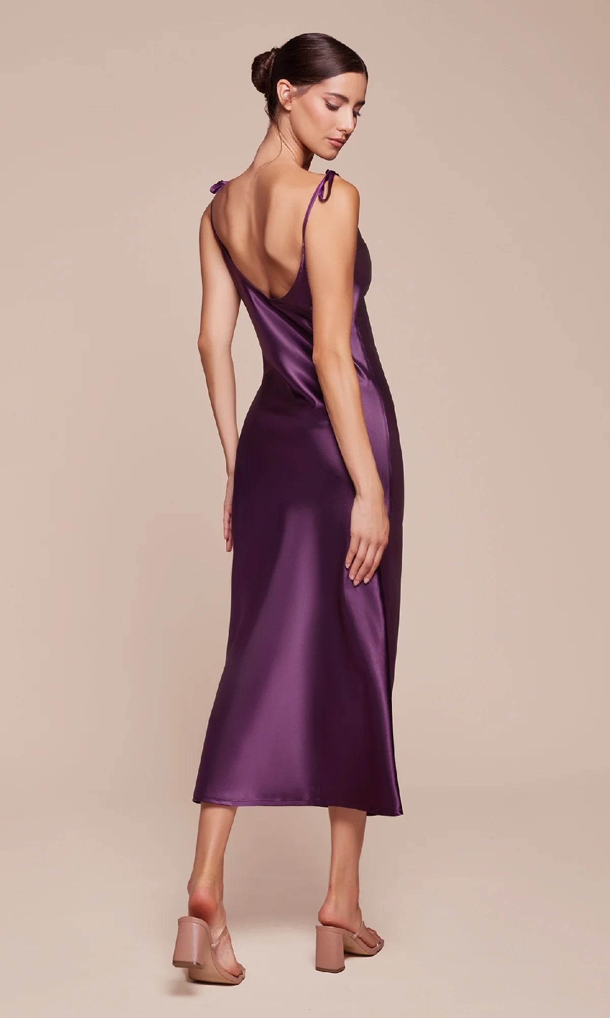 Purple Satin Cowl Neck Tie-Strap Midi Evening Dresses