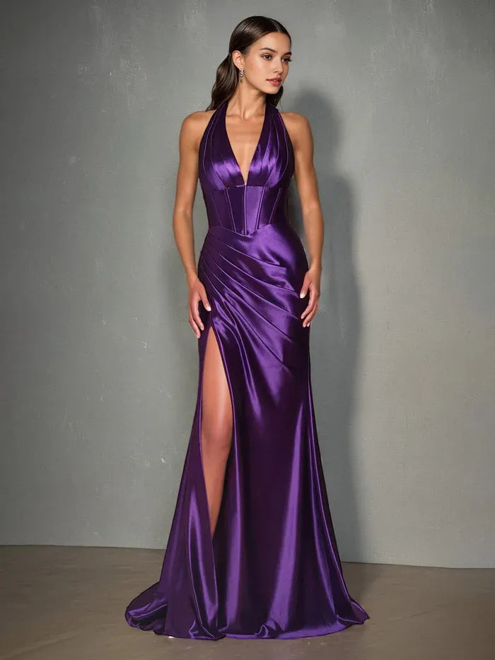 Purple Satin Halter Neck Prom Dresses V-Neck Trumpet/Mermaid High Waist Ruched With Slit High Side Slit
