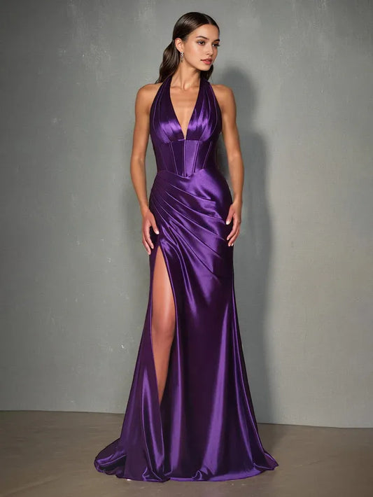 Purple Satin Halter Neck Prom Dresses V-Neck Trumpet/Mermaid High Waist Ruched With Slit High Side Slit
