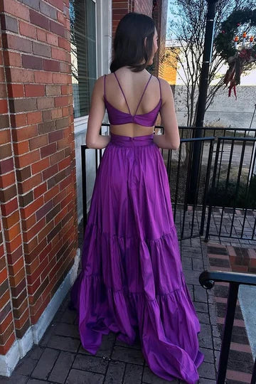 Purple Satin Tiered Maxi Dress with Spaghetti Straps, Waist Cutouts & Open Back